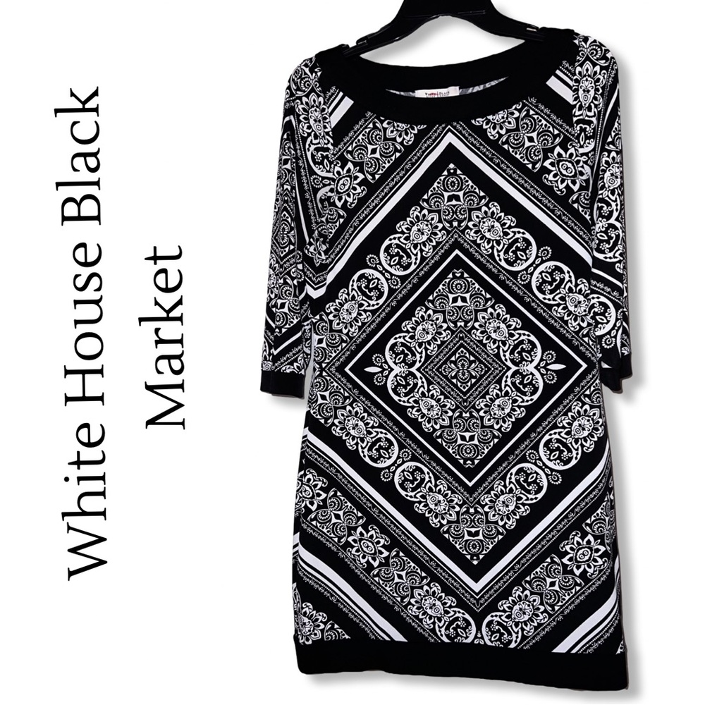 White House Black Market Black & White Patterned 3/4 Sleeve Dress